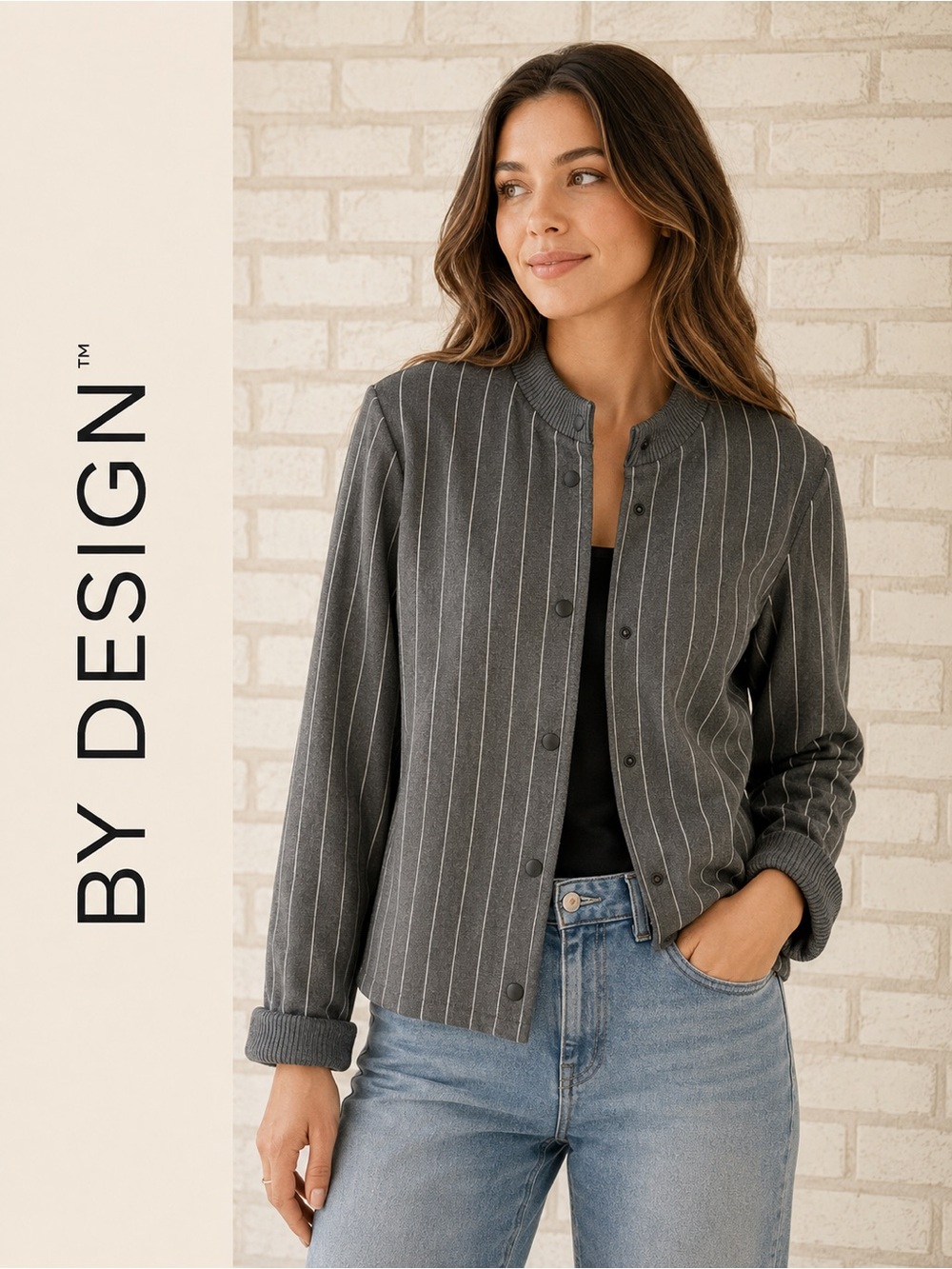 By Design Pinstripe Bomber Jacket Charcoal Gray Size M